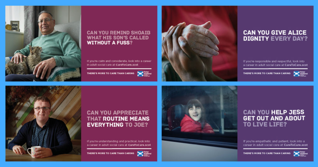Campaign poster with four panels of various people who need help and support