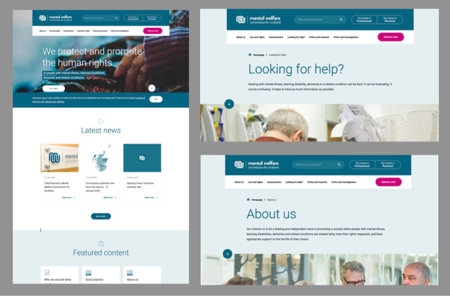 Screenshot of new website layout and design for Mental Welfare Commission for Scotland