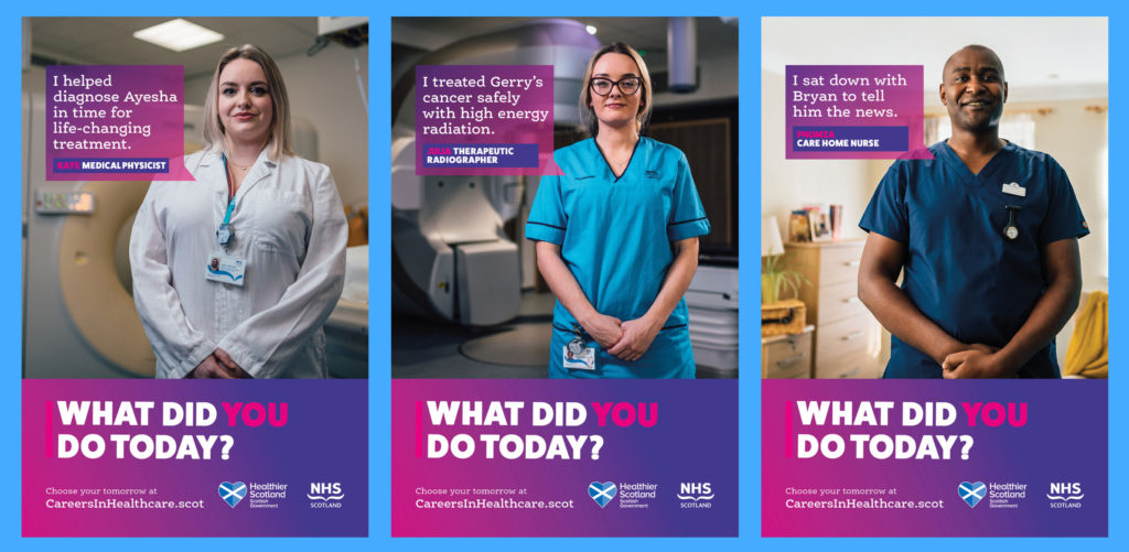 Campaign poster with three nurses, two female and one male looking to camera