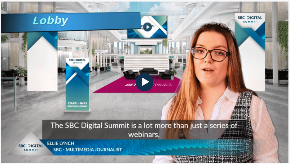 Women with glasses in front of graphics for the SBC Digital Summit