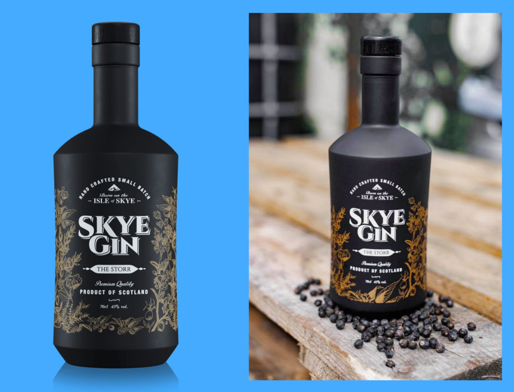 Two images of Skye Gin, black bottle, one on a blue background and the other on the table over some seeds