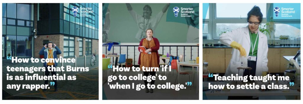 Campaign poster with three panels of various people with quotes