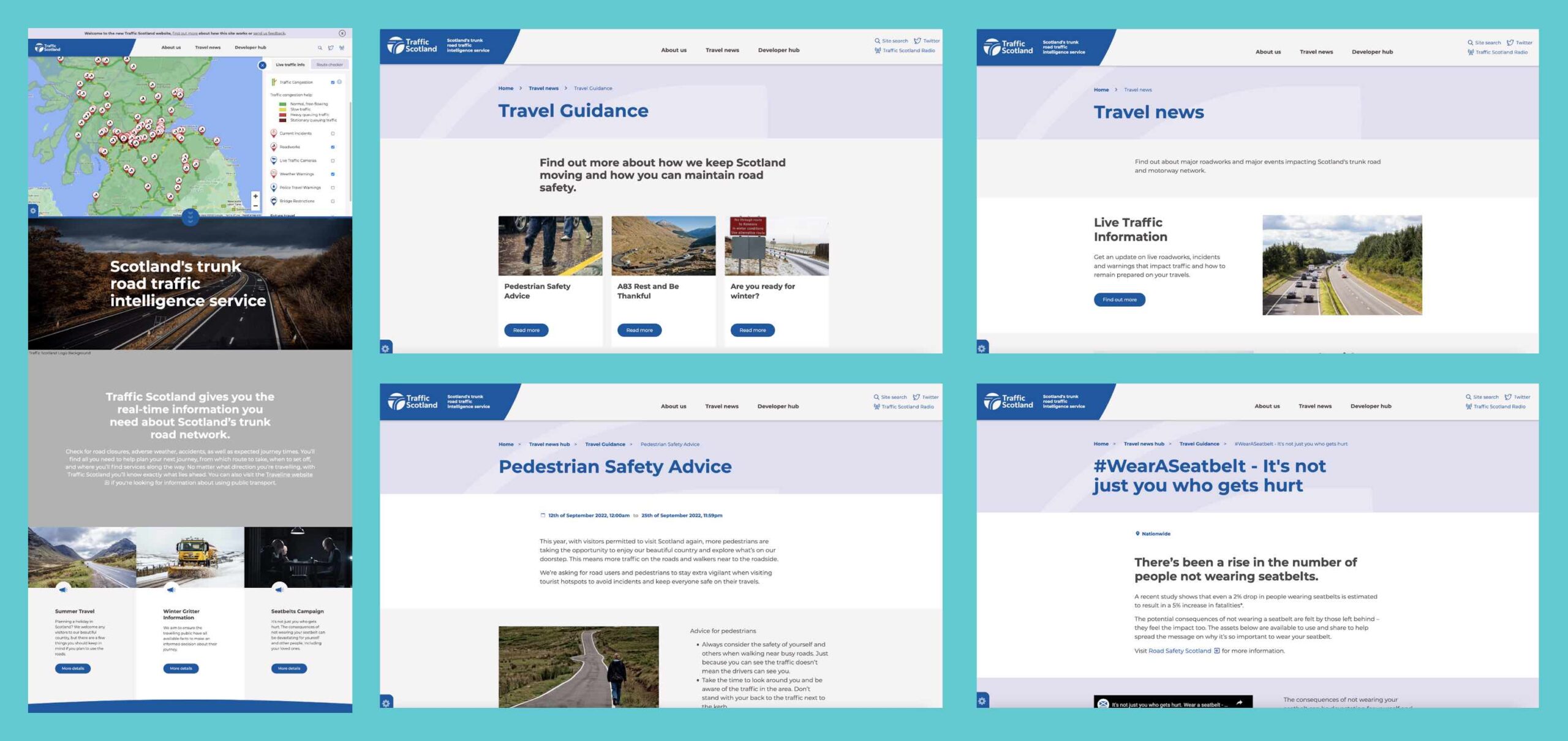 Image of various screenshots of the new Traffic Scotland website