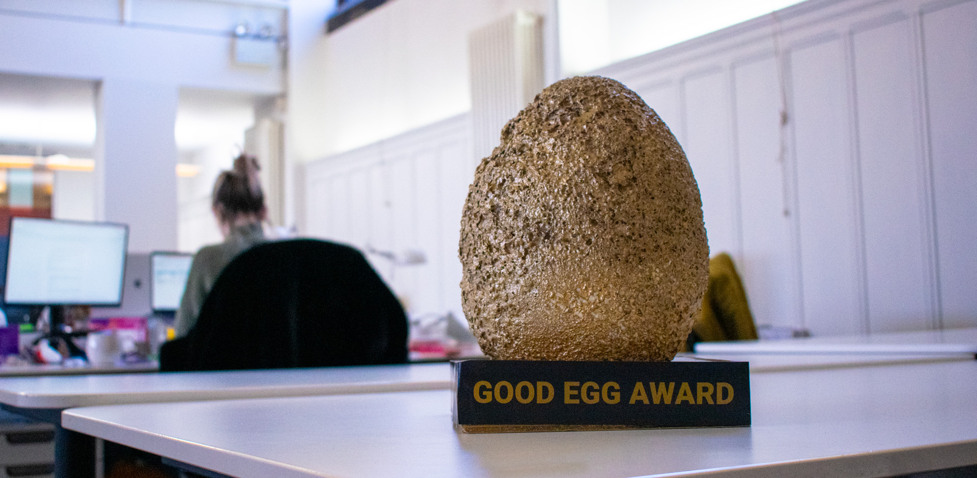 Good egg award sitting on a table